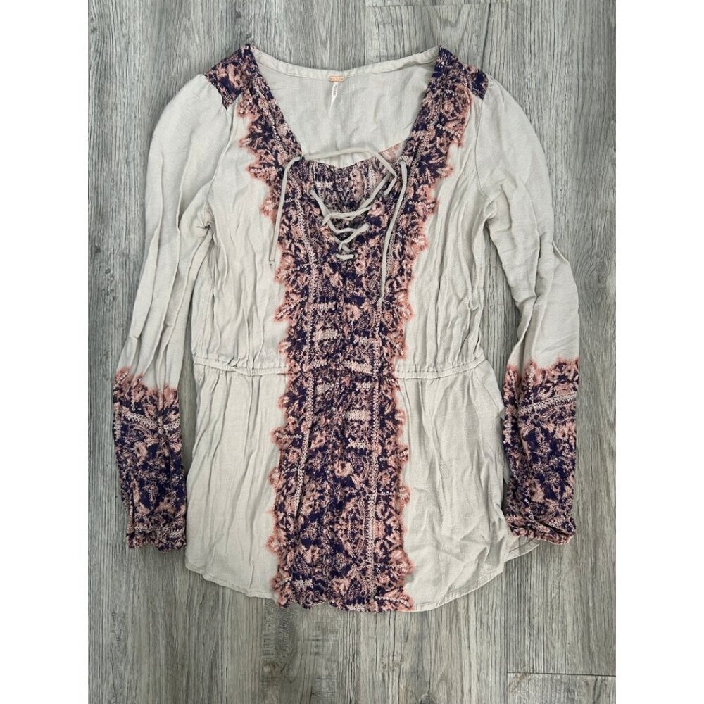 Free People Boho Lace-Up Tunic Blouse Cream & Purple Embroidered Top Size S
